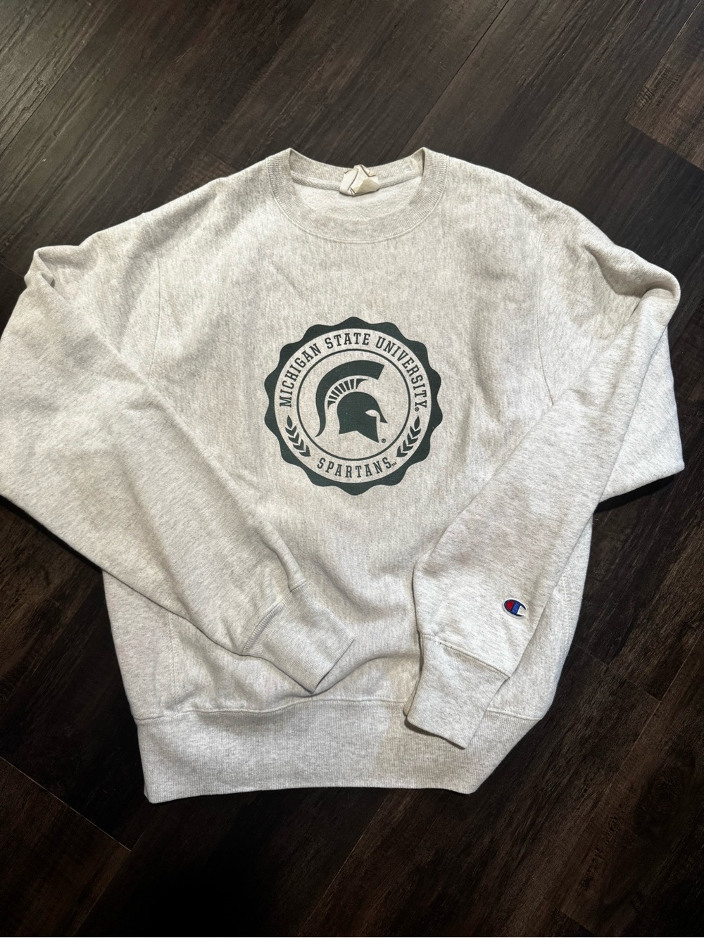 Champion Light Gray Crewneck with Dark Green Michigan State Emblem